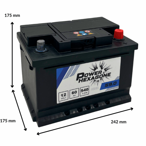 Batterie Power Hexagone 12 volt 60 ah LB2 - image avec dimensions