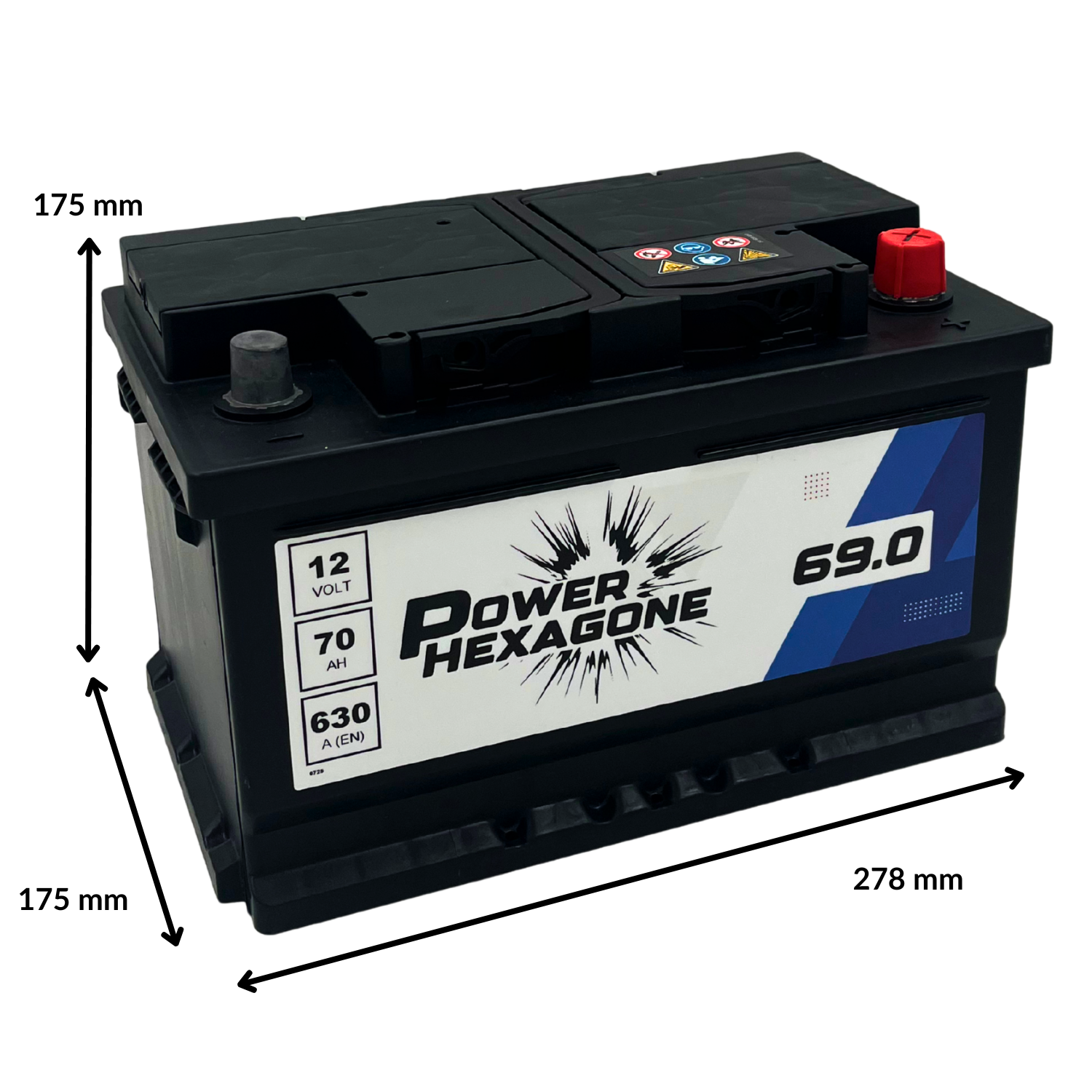 Batterie power hexagone12 volt 70 ah lb3 - image avec dimensions