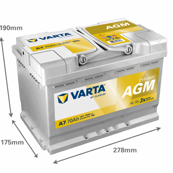 Batterie VARTA AGM pour véhicule Start & Stop 12 volt 70 ah - image avec dimensions