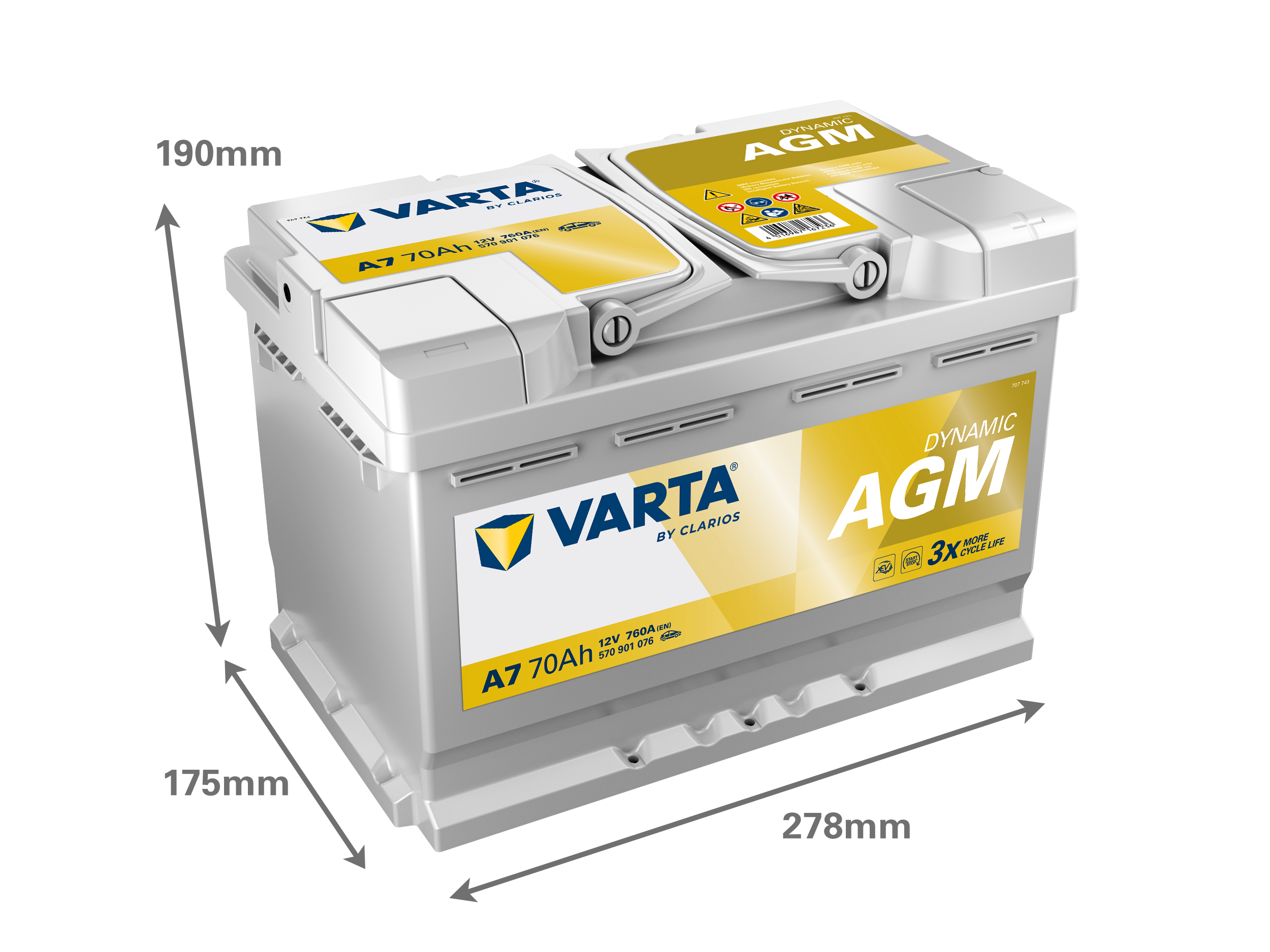 Batterie VARTA AGM pour véhicule Start & Stop 12 volt 70 ah - image avec dimensions