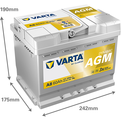 Batterie VARTA AGM pour véhicule start & stop 12 volt 60 ah, image avec dimensions