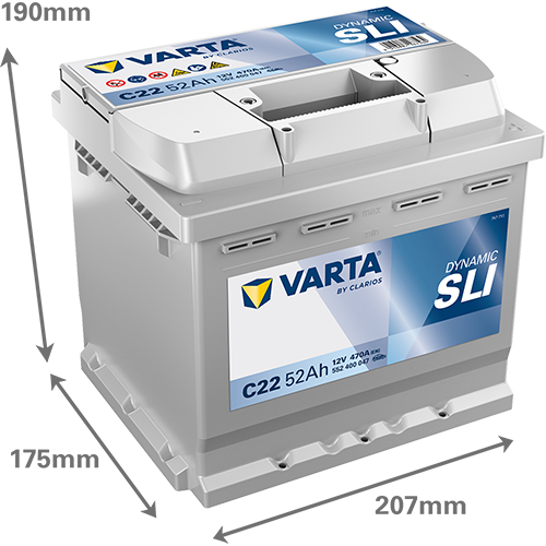 Batterie Varta - Référence C22 - 12 volt 52 ah image avec dimensions