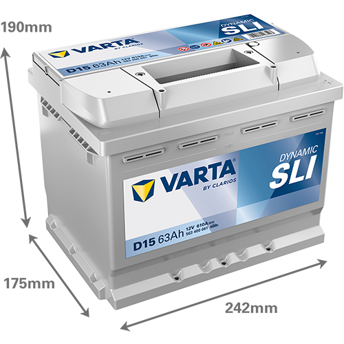 Batterie Varta référence D15 - 12 volt - 63 ampère-heure - image avec dimensions