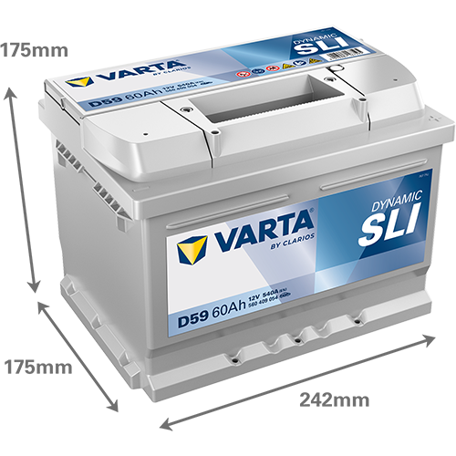 batterie varta 12 volt 60 ah bac LB2 image avec dimensions (242 mm x 175 mm x 175 mm)