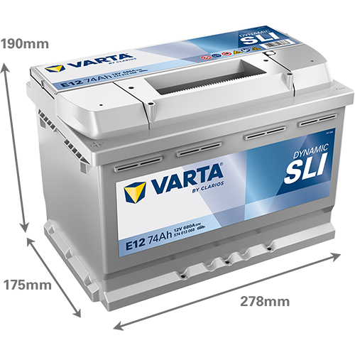 batterie varta e12 + à gauche 12 volt 74 ah image avec dimensions