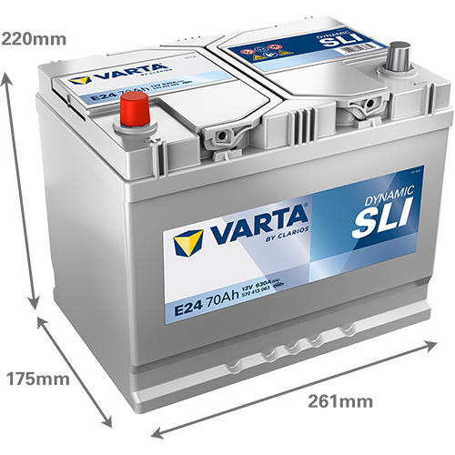 batterie varta e24 12 volt 70 ah + à gauche bac D26R image avec dimensions