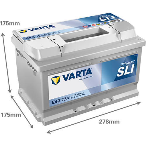 Batterie Varta référence E43 - 12 volt - 72 ampère-heure - image avec dimensions