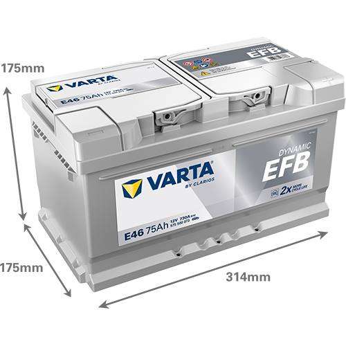 batterie varta technologie efb 12 volt 75 ah bac LB4 pour véhicule start and stop, image avec dimensions