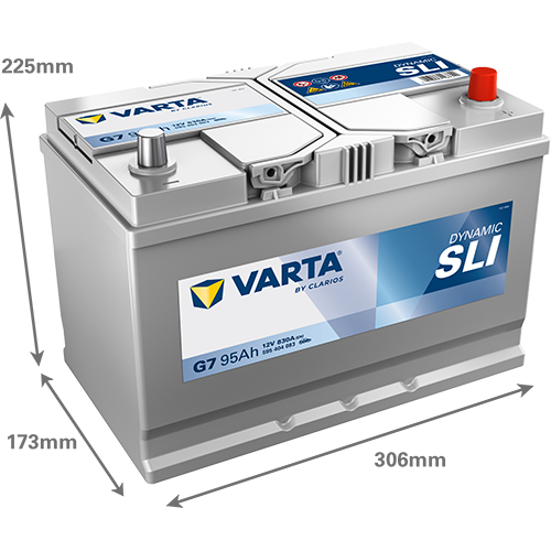 batterie varta g7 12 volt 95 ah bac D31L + à droite - image avec dimensions
