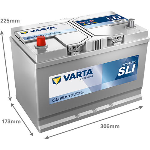batterie varta g8 12 volt 95ah + à gauche image avec dimensions