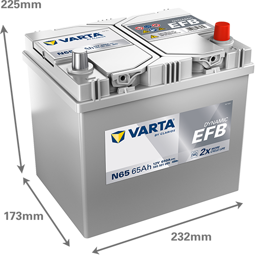 batterie varta technologie efb 12 volt 65 ah pour véhicule start and stop, image avec dimensions