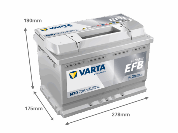 batterie varta technologie efb 12 volt 70 ah bac L3 pour véhicule start and stop, image avec dimensions