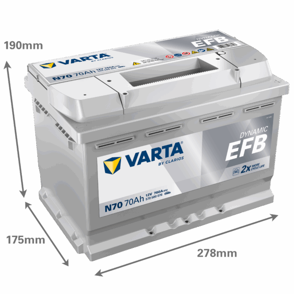 batterie varta technologie efb 12 volt 70 ah bac L3 pour véhicule start and stop, image avec dimensions