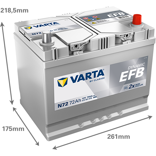 batterie varta technologie efb 12 volt 72 ah bac D26L pour véhicule start and stop, image avec dimensions