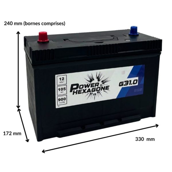 batterie 12v 105 ah 900 ampères au démarrage pour engin de manutention et engin de TP - Image avec dimensions