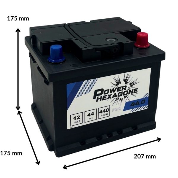 batterie 12 volt 44 ah 440 ampères au démarrage - image avec dimensions (207 mm x 175 mm x 175 mm)