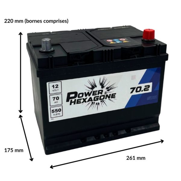 batterie 12v 70ah 550 ampères au démarrage + à droite - Image avec dimensions