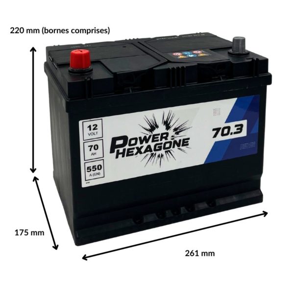 batterie 12 volt 70 ah 550 ampères au démarrage - Bac D26R - Image avec dimensions