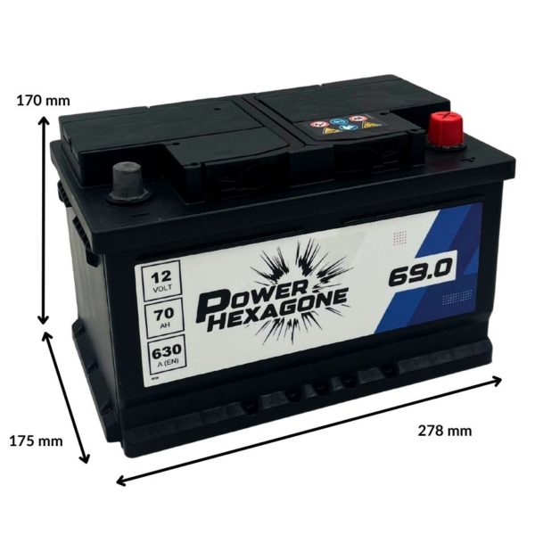 batterie 12v 70ah 630 a bac LB3 hauteur 175 mm _ image avec dimensions