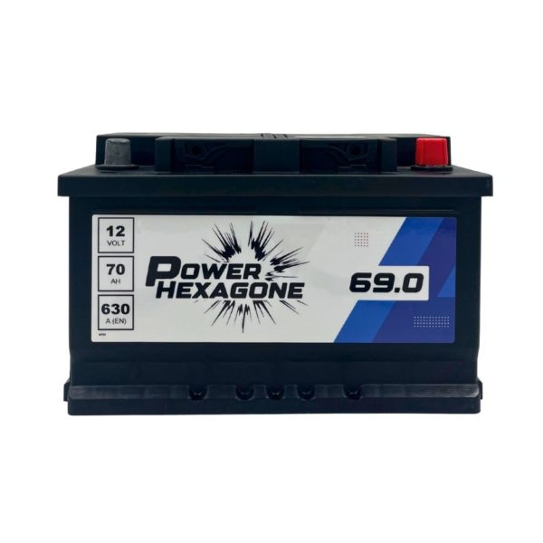 batterie 12v 70ah 630 a bac LB3 hauteur 175 mm _ image vue de face