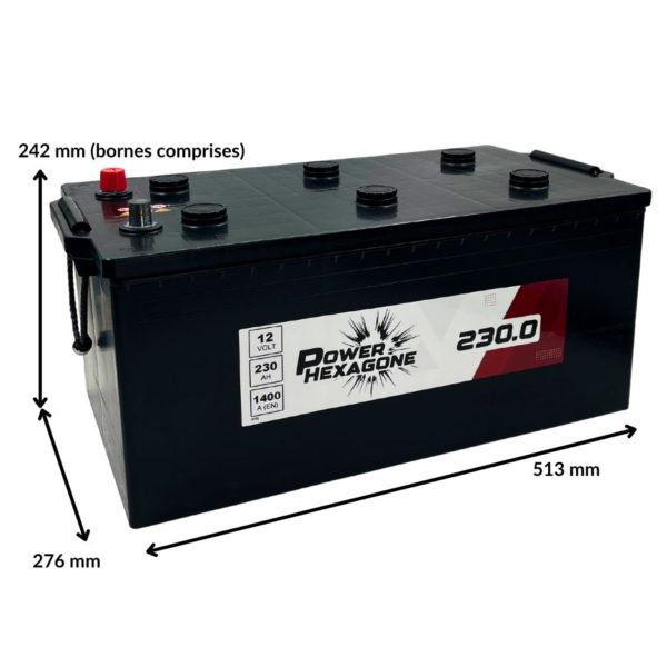 batterie de camion et poids lourd - 12 volts - 230 ampères-heures et 1400 ampères au démarrage - image avec dimensions
