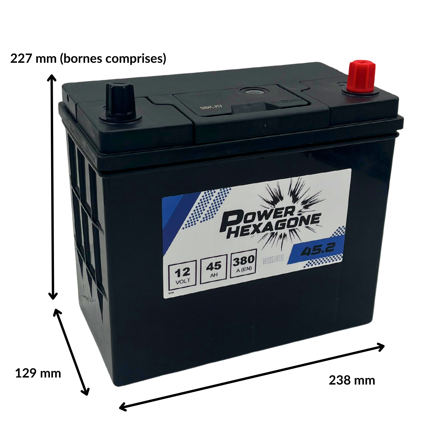 batterie 12 volt 45 a 380 ampères au démarrage - image avec dimensions