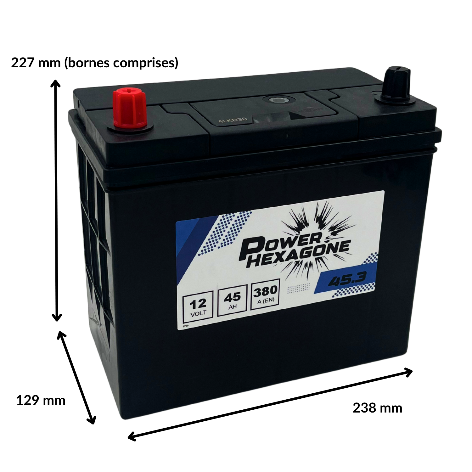 batterie 12 volt 45 ah 380 a - borne positive à gauche - image avec dimensions