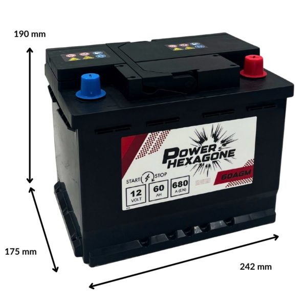 Batterie 12 volt 60 ampères-heures 680 a pour les véhicules équipés du start & stop - Image avec dimensions