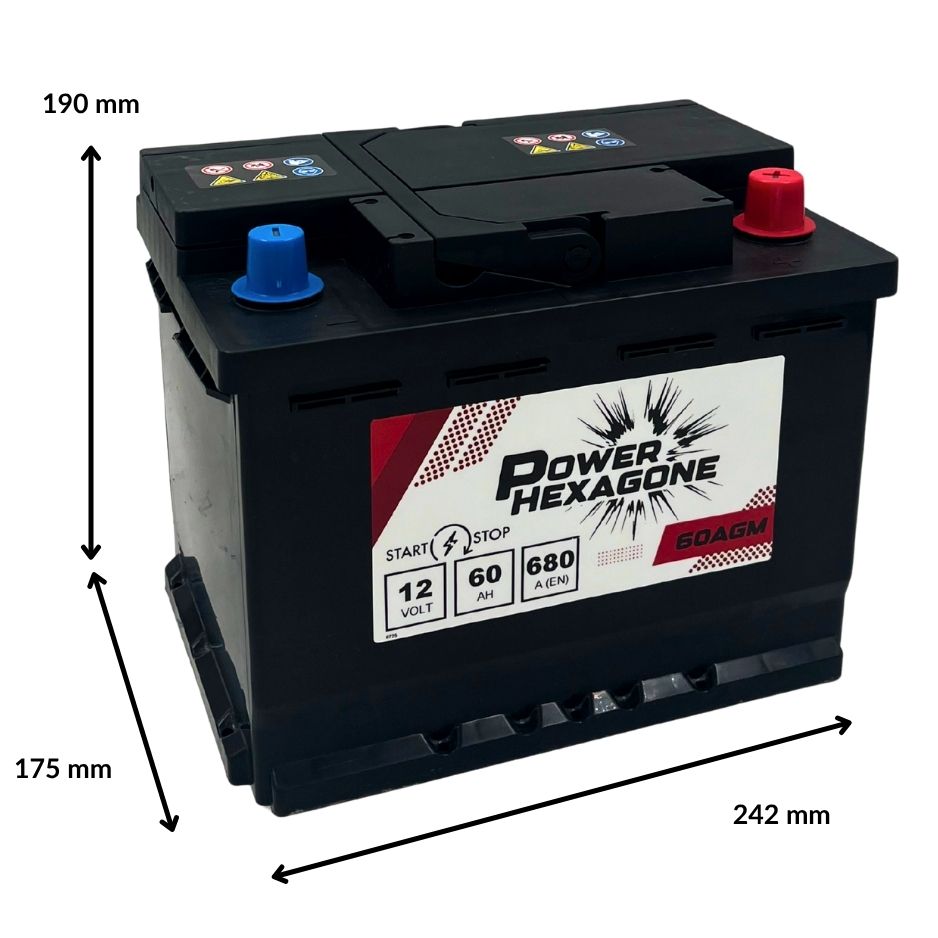 Batterie 12 volt 60 ampères-heures 680 a pour les véhicules équipés du start & stop - Image avec dimensions