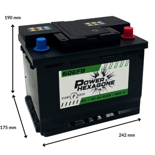 batterie 12 volts 60ah 560 a technologie efb pour véhicule start & stop - image avec dimensions