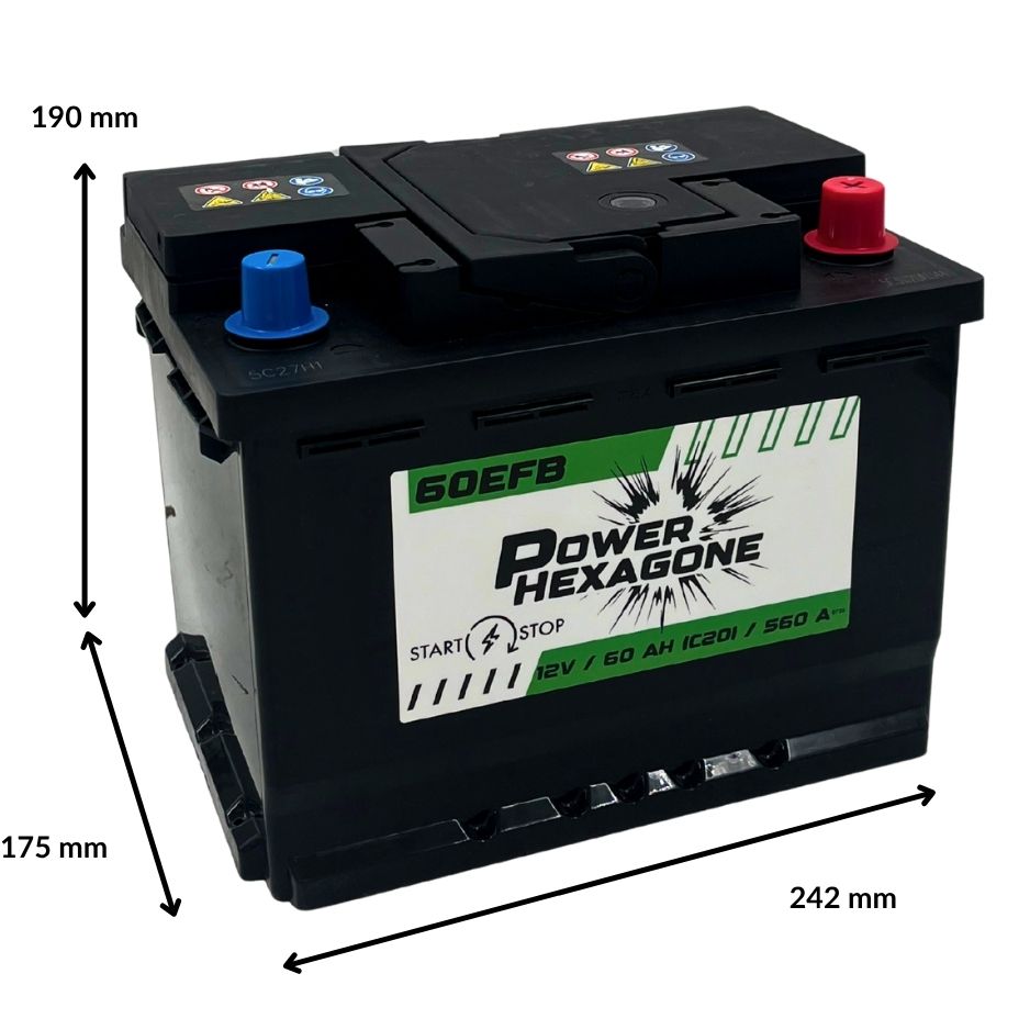 batterie 12 volts 60ah 560 a technologie efb pour véhicule start & stop - image avec dimensions