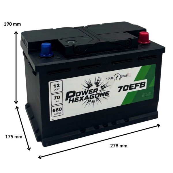 batterie 12 volts 70 ah 680a - technologie efb pour véhicules start&stop - image avec dimensions