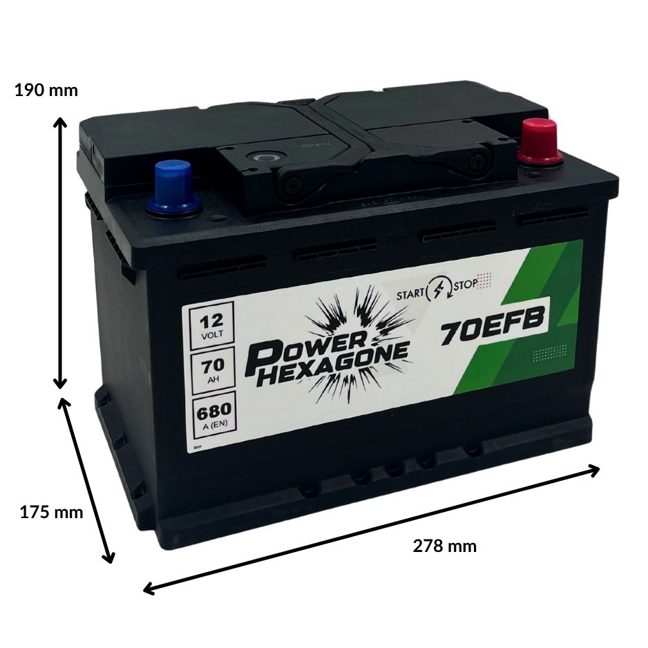 batterie 12 volts 70 ah 680a - technologie efb pour véhicules start&stop - image avec dimensions