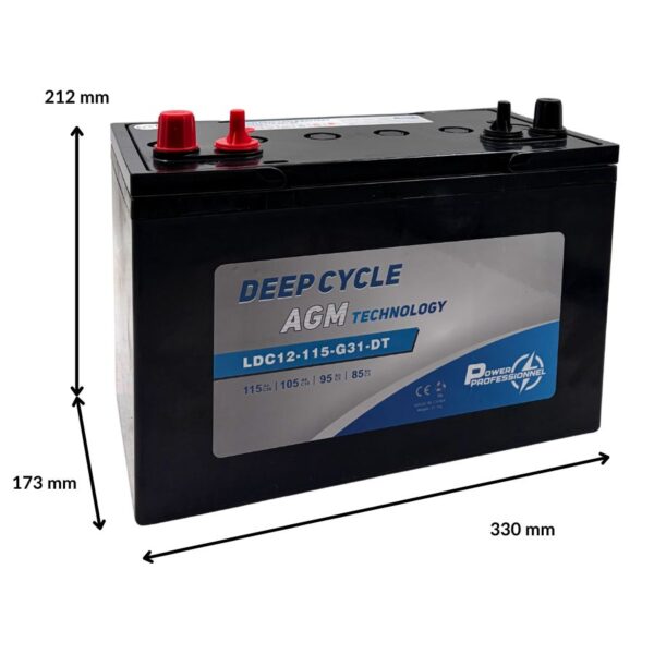 batterie 12 volt 115 ah pour transpalette éléctrique, gerbeur et autolaveuse - image avec les dimensions de la batterie