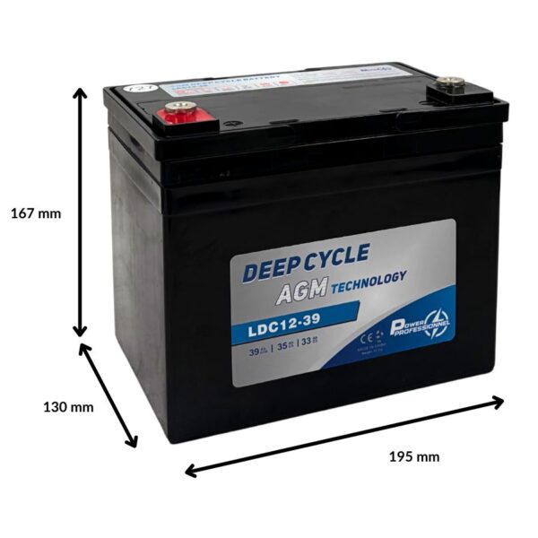 batterie agm pour autolaveuse - 12 volts - 39 ampères heures - image avec dimensions